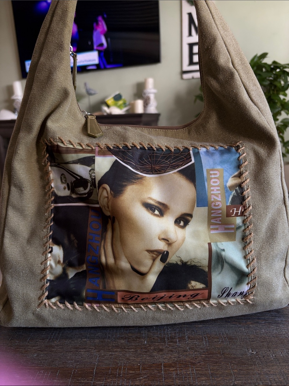 Women’s Fashion Shoulder Bag in Olive Green with Graphic Front Panel